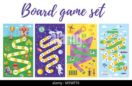 Vector flat style set of kids colorful boardgame template; amusement park, space, farm and travel theme game. For print. Vertical composition. Stock Vector