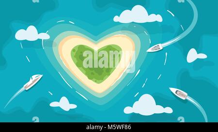 Vector cartoon style background with tropical paradise heart shaped romantic island in the azure colored sea. Yacht sailing towards the shore. Good su Stock Vector