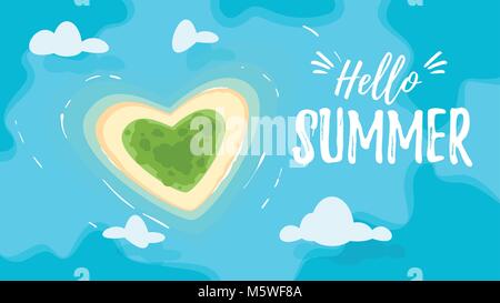 Vector cartoon style background with tropical paradise heart shaped romantic island in the azure colored sea. Good sunny day. Hello summer text. Top v Stock Vector