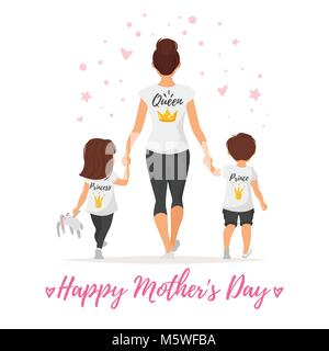 Vector cartoon style illustration of happy mother with children in t-shirts with golden crowns. Mother's day greeting card template on white backgroun Stock Vector