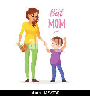 Vector cartoon style illustration of happy mother holding flowers with son. Mother's day greeting card template on white background. Best mom text. Stock Vector