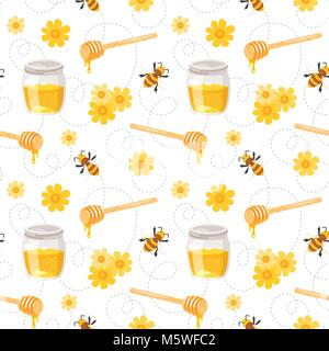 Vector cartoon style seamless pattern with flying bees, honey jars and flowers. White background. Stock Vector