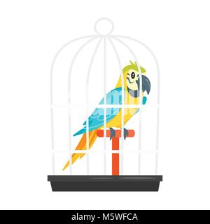 Vector cartoon style illustration of home animal pet parrot in birdcage. Isolated on white background. Stock Vector