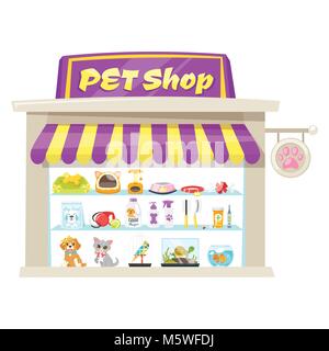 Vector cartoon style illustration of pet shop facade with bright banner. Store building exterior. Isolated on white background. Showcase products for  Stock Vector