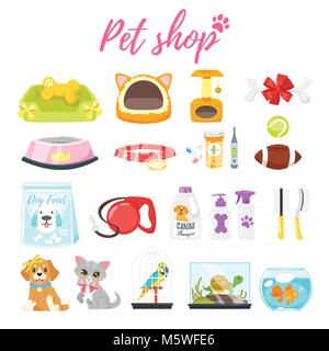 Vector cartoon style set of pet shop icons; animals, accessories and healthcare items. Isolated on white background. Stock Vector