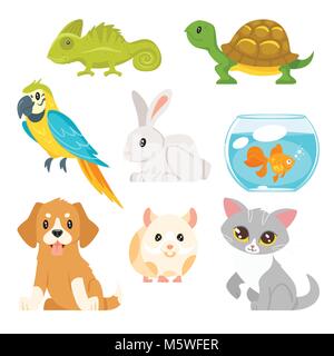 Vector cartoon style set of home animal pet - cat, dog, hamster and others. Isolated on white background. Stock Vector