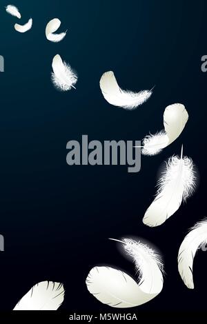 Realistic 3d detailed white swan pigeon feathers fluff black blue background. Vector illustration. Falling feathers abstract light composition air wind flight design element Stock Vector