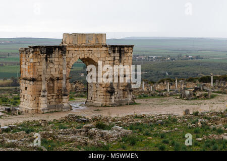 Volubilis near Meknes in Morocco. Volubilis is a partly excavated Amazigh, then Roman city in Morocco situated near Meknes, the ancient capital of the Stock Photo