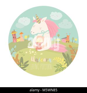 Cute unicorn eating popcorn Stock Vector