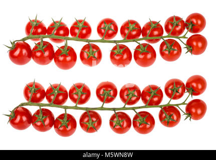 Two branches of fresh cherry tomatoes. Healthy juicy bio vegetable full of vitamins and antioxidants. Isolated on white background. Stock Photo