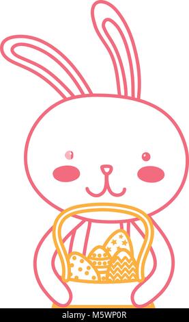 neon line happy rabbit animal with eggs inside hamper Stock Vector