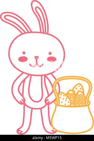 neon line rabbit animal and eggs easter inside hamper Stock Vector