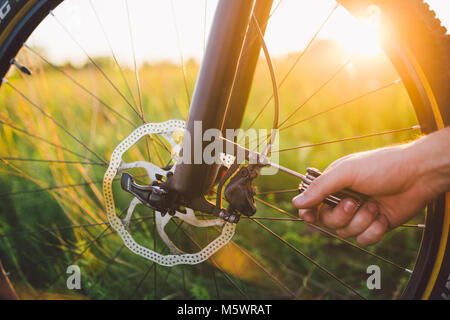 man screws the front wheel with hydraulic disc brake on the mtb bicycle. Stock Photo