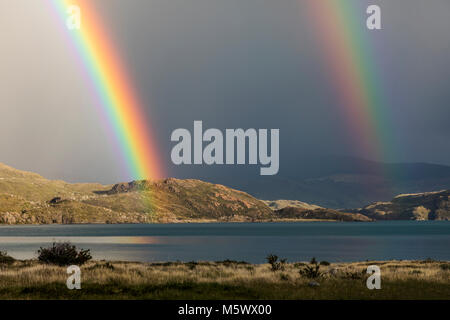Spectacular rainbow over Lago Grey; Refugio Grey; Torres del Paine National Park; Chile Stock Photo