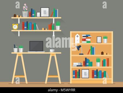 Working space with bookshelves in flat style. Vector illustration Stock Vector