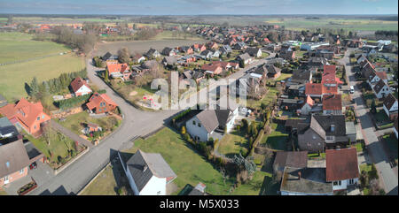 Aerial panorama of a small village in the Lüneburger Heide near Hamburg, panoramic aerial view