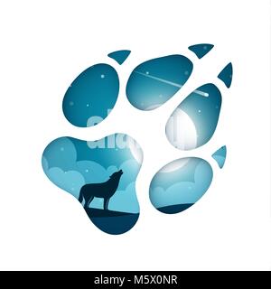 Cartoon paper landscape. Wolf illustration. Stock Vector