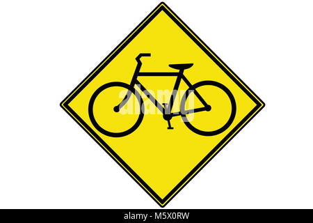 A yellow bicycle warning sign isolated on a white background Stock Photo