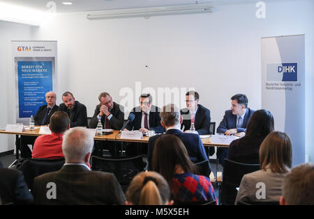 Berlin. 26th Feb, 2018. Photo taken on Feb. 26, 2018 shows a view of the joint press conference of Germany Trade & Invest (GTAI) and Association of German Chambers of Industry and Commerce (DIHK) in Berlin, capital of Germany. GTAI and DIHK on Monday jointly published a study on Belt and Road Initiative, intending to help German businesses benefit from the initiative. Credit: Shan Yuqi/Xinhua/Alamy Live News Stock Photo