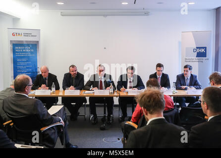 Berlin. 26th Feb, 2018. Photo taken on Feb. 26, 2018 shows a view of the joint press conference of Germany Trade & Invest (GTAI) and Association of German Chambers of Industry and Commerce (DIHK) in Berlin, capital of Germany. GTAI and DIHK on Monday jointly published a study on Belt and Road Initiative, intending to help German businesses benefit from the initiative. Credit: Shan Yuqi/Xinhua/Alamy Live News Stock Photo