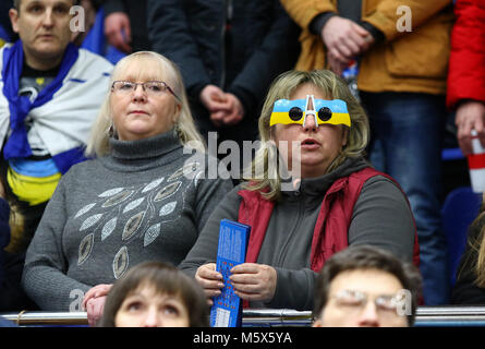 Kiev, Ukraine. 26th February 2018. Audience listen to National anthems before FIBA World Cup 2019 European Qualifiers game Ukraine v Sweden at Palace of Sports in Kyiv. Credit: Oleksandr Prykhodko/Alamy Live News Stock Photo