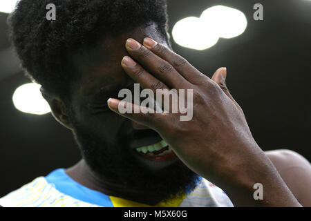 Kiev, Ukraine. 26th February 2018. Eugene JETER of Ukraine reacts during FIBA World Cup 2019 European Qualifiers game against Sweden at Palace of Sports in Kyiv. Ukraine won 77-66. Credit: Oleksandr Prykhodko/Alamy Live News Stock Photo