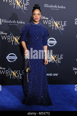 Los Angeles, USA. 26th Feb, 2018. Actress Tessa Thompson attends the World Premiere of Disney's' 'A Wrinkle In Time' at the El Capitan Theatre on February 26, 2018 in Los Angeles, California. Photo by Barry King/Alamy Live News Stock Photo