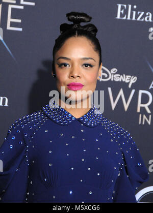 Los Angeles, USA. 26th Feb, 2018. Actress Tessa Thompson attends the World Premiere of Disney's' 'A Wrinkle In Time' at the El Capitan Theatre on February 26, 2018 in Los Angeles, California. Photo by Barry King/Alamy Live News Stock Photo