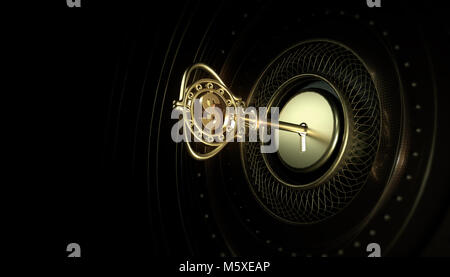 golden refined key with a dollar sign inserted in a keyhole on a dark abstract background. Concept money is the key to everything. gold opens the door Stock Photo