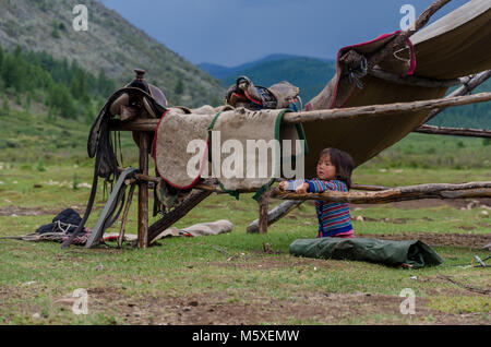 Tsaatan Life, Reindeer Herder, Tsaaganuur, Mongolia Stock Photo