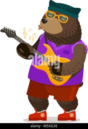 Bear playing electric guitar. Music, rock and roll, musical festival concept. Cartoon vector illustration Stock Vector