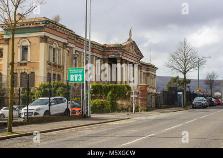 The ruins of the historic Crumlin Road courthouse in Belfast Northern Ireland that was damaged by fire and is waiting redevelopment. Stock Photo