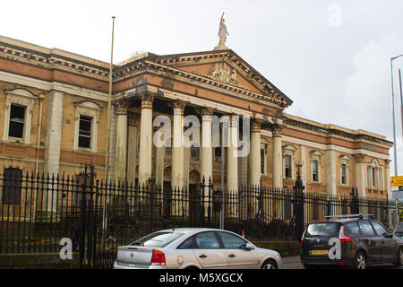 The ruins of the historic Crumlin Road courthouse in Belfast Northern Ireland that was damaged by fire and is waiting redevelopment . Stock Photo