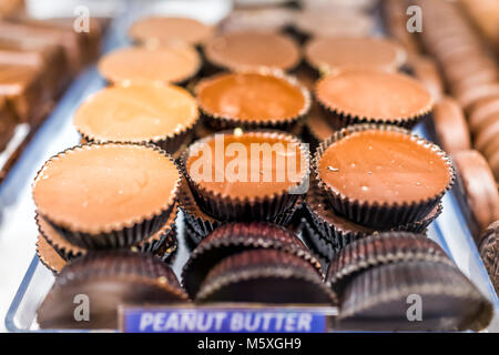 Macro closeup of chocolate peanut butter cups bars candy sweet dessert treats with sign on tray display in store, shop, bakery, cafe Stock Photo