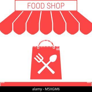 Food Shop, Grocery Store Single Flat Vector Icon. Striped Awning and Signboard Stock Vector