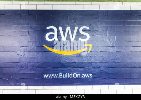 New York City, USA - October 30, 2017: Amazon Web Services AWS advertisement ad sign closeup in underground transit platform in NYC Subway Station, wa Stock Photo