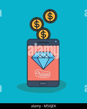 tablet device with text crowd funding and diamond in screen and coins on top in blue background Stock Vector
