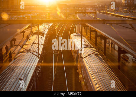 Sunset over Leeds Train station. Stock Photo