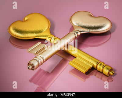 Gold keys with heart shapes on pink background. 3D illustration. Stock Photo