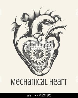 Gear mechanism inside human heart drawn in steam punk style on a white background. Vector illustration. Stock Vector