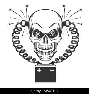 Smilling Skull charging by car battery drawn in engraving style. Vector illustration. Stock Vector