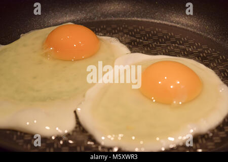 Two fried eggs in a pan, sunny side up fried eggs for breakfast Stock Photo