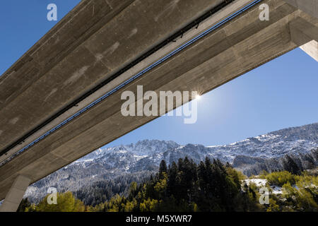 Motorway bridge of the Gotthard motorway photographed from below in Reusstal valley, Central Switzerland Stock Photo