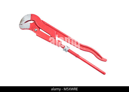 Adjustable red pipe wrench isolated on a white background, surface. Plumber's working tool, equipment Stock Photo