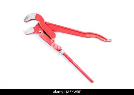 Adjustable red pipe wrench isolated on a white background, surface. Plumber's working tool, equipment Stock Photo