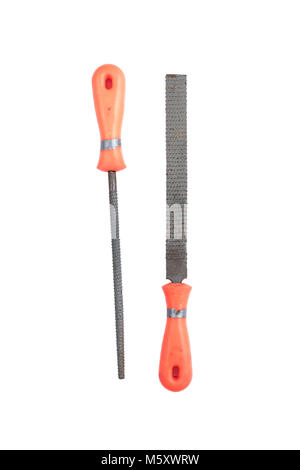 Set of Used metal file with orange handle isolated on a white background. Construction equipment. Stock Photo