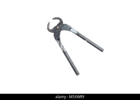 Used and old metal cutting pliers isolated on white background. Clipping path, saved path. Stock Photo