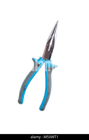 Needle Nose Pliers or pointy pliers, long nose pliers isolated on a white background. Closed blue pliers. Path saved. Stock Photo
