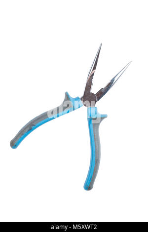Needle Nose Pliers or pointy pliers, long nose pliers isolated on a white background. Closed blue pliers. Path saved. Stock Photo