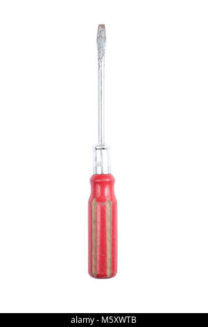 Old and used red screwdriver flat mouth, Flat-blade screwdriver isolated on a white background. Path saved Stock Photo